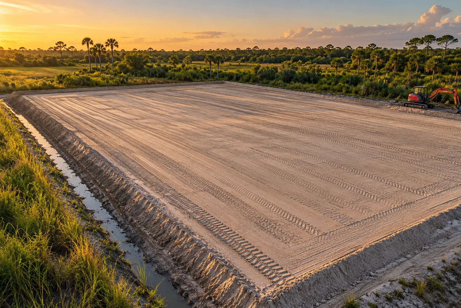 Precisely graded sandy building pad with parallel equipment tracks