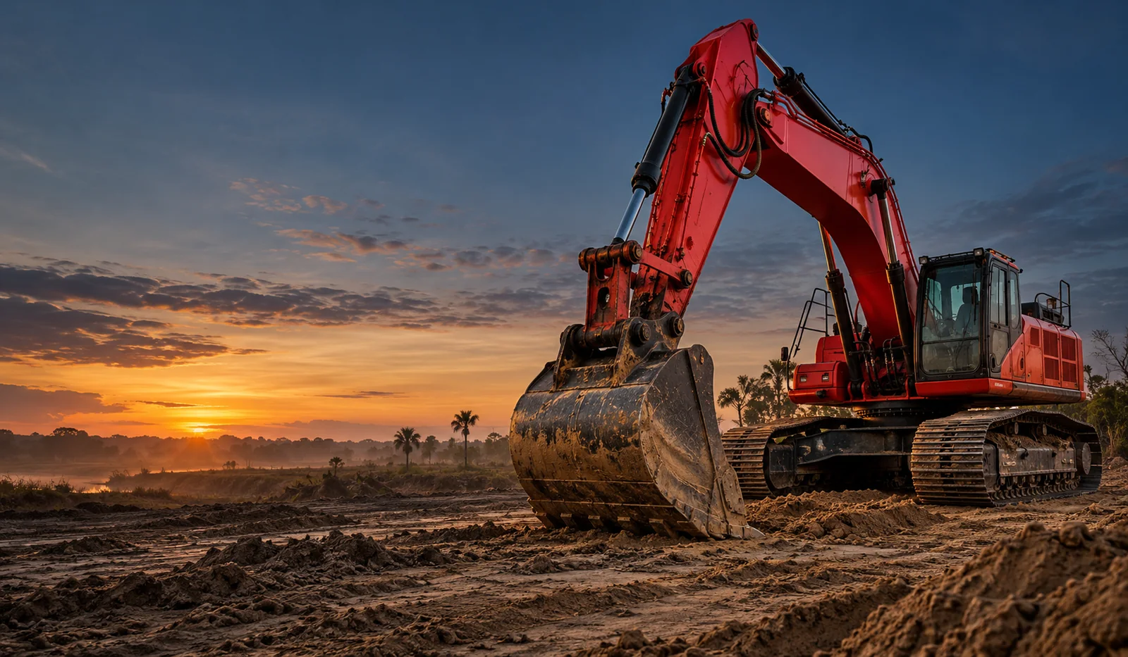 Red excavator on freshly prepared Florida earth at sunrise